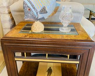 vintage burled walnut veneer and brass accent table