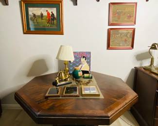 vintage herringbone octagonal wood game table 