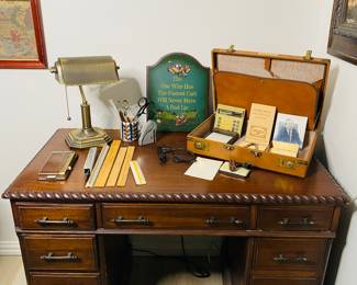 small vintage Baker style wood desk , brass banker's style vintage lamp