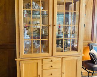 vintage pine lighted hutch 