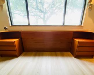 mid century Mobican queen teak headboard and matching night stands