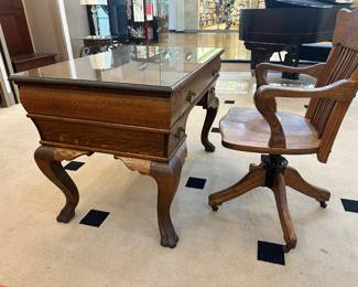 Tiger Oak claw feet glass top desk and chair - excellent condition!