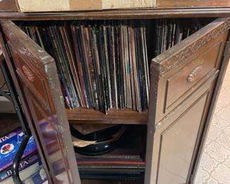 Vintage Record Cabinet and Many Records, CD's, Cassettes