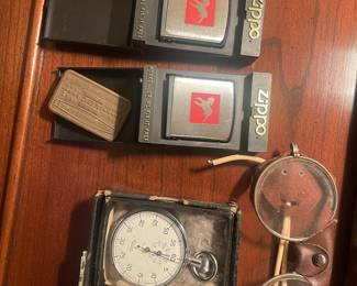 Zippo Tape Measure, 1967/68 ABC Most Improved Average Buckle, Stop Watch & Vintage Safety Glasses with leather side shields.