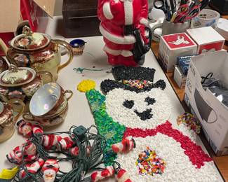 Vintage Blow Mold Santa, Plastic Snowman, and Vintage Santa Lights