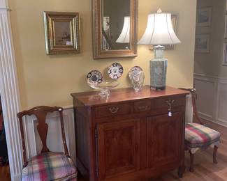 18th Century Chest
Set of 4 mid 19th C. Chairs
Steuben Console bowl
19th C. Oil on board paintings