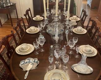 Curaghmore Waterford Stemware /12 - 5 pc place setting Castleton “Royal” pattern China set / Sheffield Silver Candleabrums and more
