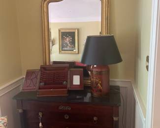 19th C. Empire Chest
19thC. French Mirror
19th C travel desk etc