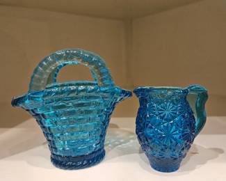 Blue Glass Basket & Miniature Pitcher 