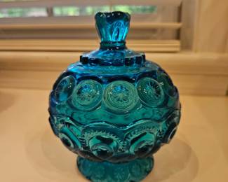 L.E. Smith Moon & Stars Blue Glass Lidded Candy Dish