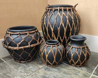 Vintage Earthenware Wicker Wrapped Clay Pots Mid Century