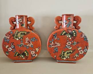 Antique Chinese Chinoiserie Porcelain Flat Urn With Two Handles in Persimmon Orange