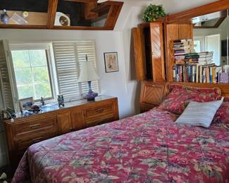 Broyhill Lenoir House Queen Bed with Headboard with Built-ins, Two Dressers and large wall mirrors 