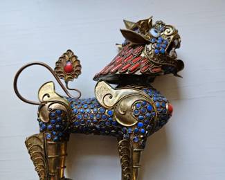 Tibetan Turquoise & Coral Brass Foo Dog Incense Burner 