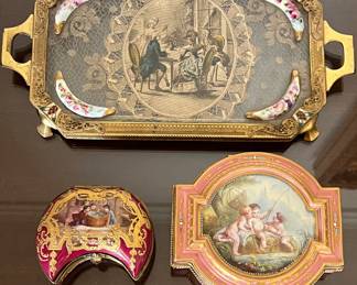 Sevres Limoges Boxes and Gilt Edge Vanity Tray