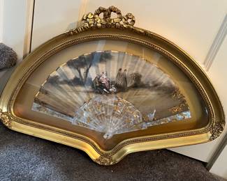19th Century French Painted Silk of Mother of Pearl Fan with Frame Case