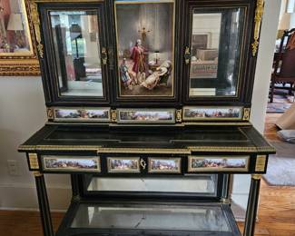 Circa 1880 BONHEUR DU JOUR with a central projection in ebony veneer, burr cedar and porcelain plates. Charles Thuillier is a painter on porcelain active in Limoges between the end of the 19th century and the beginning of the 20th century.