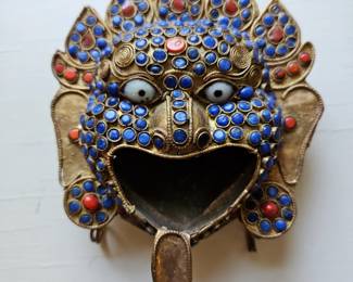 Vintage Tibetan Jeweled Buddhist Demon Mask Footed Ashtray Nepal Handmade Brass