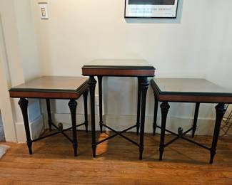 Vintage 1980 the Bombay Company Rectangular Wood Metal & Bronze Finial End Tables 