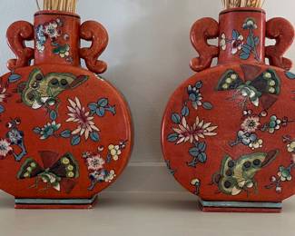 Chinese Chinoiserie Flat Handled Urns in Persimmon Orange w/ Moths