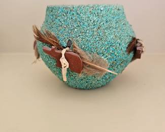 Vintage Native Zuni Turquoise Encrusted 4 Fetish Pot
