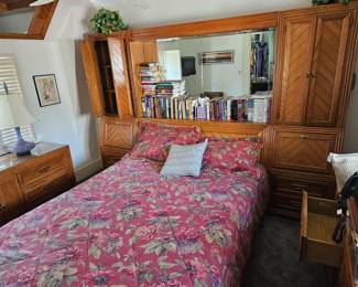 Broyhill Lenoir House Queen Bed with Headboard with Built-ins, Two Dressers and large wall mirrors 