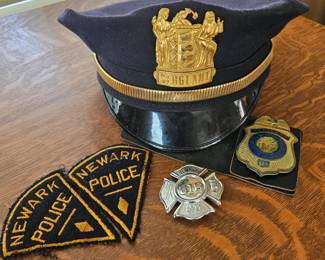 Vintage Newark Police Sergeant Hat and Badge with Patches and Newark Fire Department Badge