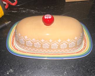 Gibson General Store Butter Dish Ceramic 2 Piece Red Beige Cherry