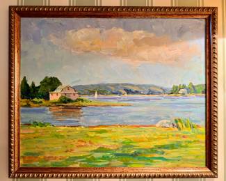 "Water Scene with Sailboats" Oil on Board, Eva Cincotta