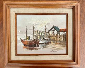 "Fishing Boats" Oil on Board, Signed V. Jones