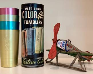 West Bend Color Glo Tumblers & Vintage Airplane
