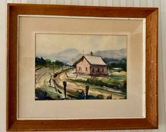"Red Barn" Watercolor, Signed (Leo Rice)
