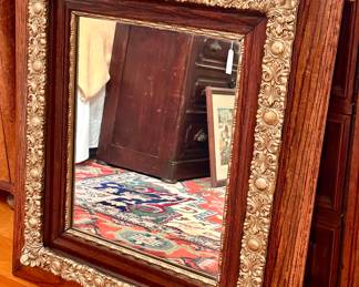 Oak Mirror with Gold Gilt Metal Flowers