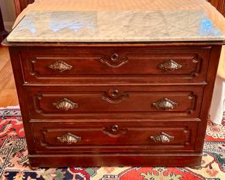Antique 19th C. Victorian Walnut Dresser with Marble Top & Carved Pulls