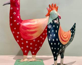 Hand Painted Folk Art Metal Chickens