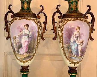 Antique French Hand Painted Sevres Style Porcelain Urns, Pair