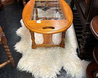 Sheep Skin Rug from Australia. Oak Oval Lead Glass Coffee Table. Barley Twist Jacobean Chairs with leather seats 
