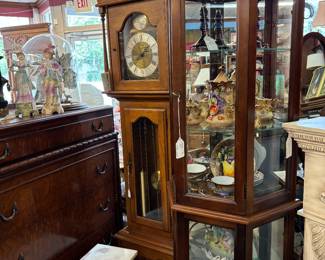 Ethan Allen Grandmother Clock.  Another nice Curio cabinet with light.  Beaded 1940's Bedroom set. Chest, Vanity with Mirror,Headboard and Footboard.  MCM Smoking Stand with marble top