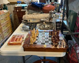 Chess Set - Missing 4 pieces, vintage hats, linens, Cobalt Glass, Pressed Glass, Punch Bowls 