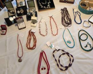 Watches and sterling with semi precious stones. We have necklaces, bracelets and earrings.