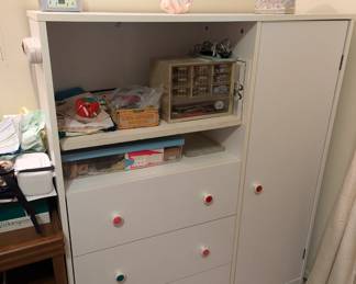 $70 - White Wooden Cabinet - with 2 shelves, 3 drawers, and tall side unit on right. 40.5z' wide, 14.75" deep, 48.25" tall.