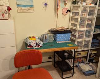 $45 - Metal desk/Drafting Table with 2 storage shelves - 36" wide, 23.5" deep, 27.5" tall. Red Sewing/Office Chair.