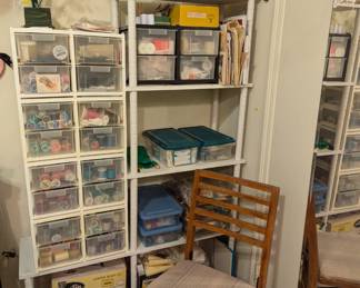 LOTS of sewing supplies! Thread, patterns, etc. Note Wooden Folding Chair.