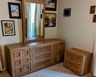 Blond Wood 9- Drawer Dresser with Mirror - $420 - 66" long, 19" deep, 29.5" tall.  Night Stand - $60 - 24" wide, 16" deep, 21.5" tall. 