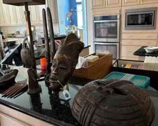 Large Collection of African Carved Wood Masks, Ceremonial Boxes, Statues and Headdresses