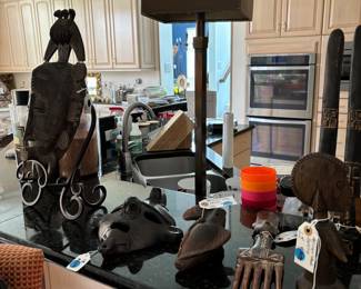 Large Collection of African Carved Wood Masks, Ceremonial Boxes, Statues and Headdresses