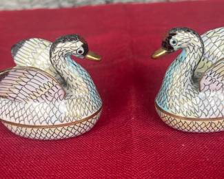 Pair of Japanese Cloisonné Swan Jewelry / Ring Trinket Boxes