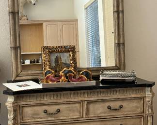 5 Drawer Chest with Black Marble Top and Oversized Mirror