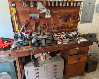 Work bench, vice and tools