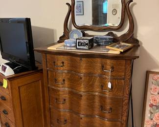 Quarter Sawn 5 drawer high boy with a beveled mirror